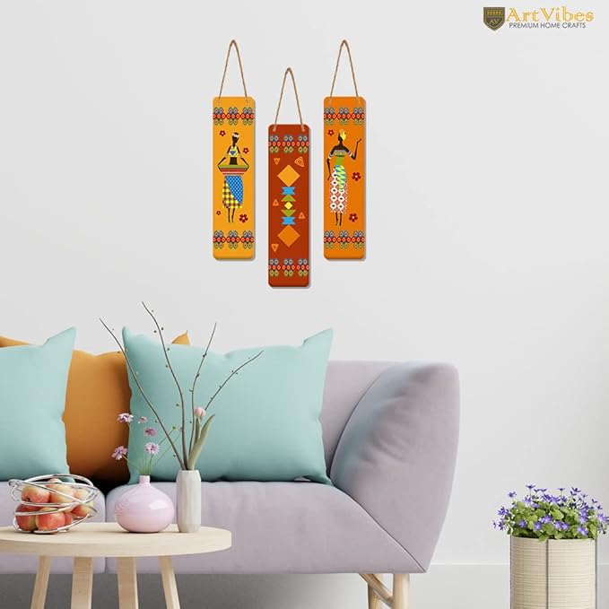 Artvibes African Warli Art Designer Wooden Wall Hanging Decoration Items for Home | Set of 3