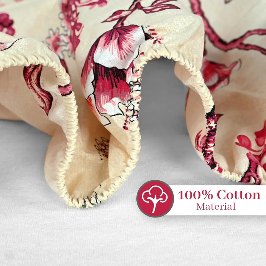 Divine Casa Floret 100% Cotton Double Fitted Bedsheet 144 TC Colour Summer Fern