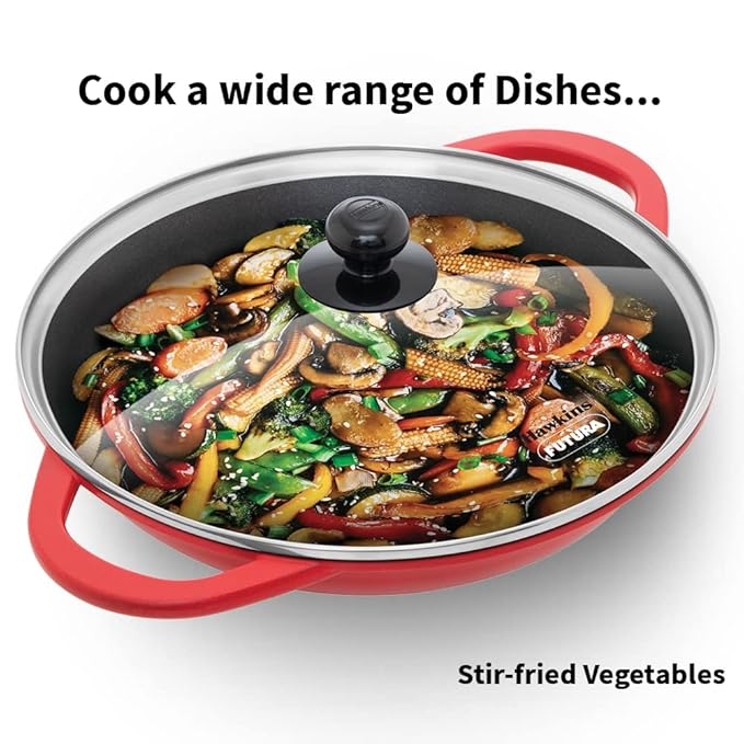 Hawkins 3 Litre Shallow Kadhai Die Cast Non Stick Frying Pan with Glass Lid