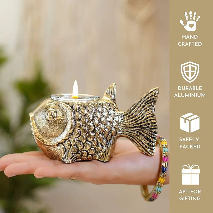 BEHOMA Metal Fish Aluminum Figurine with Votive Good Luck and Success | Candle Holder for Home Decor Tabletop Living Room | Showpiece for Valentine's Day, Birthday, Gold
