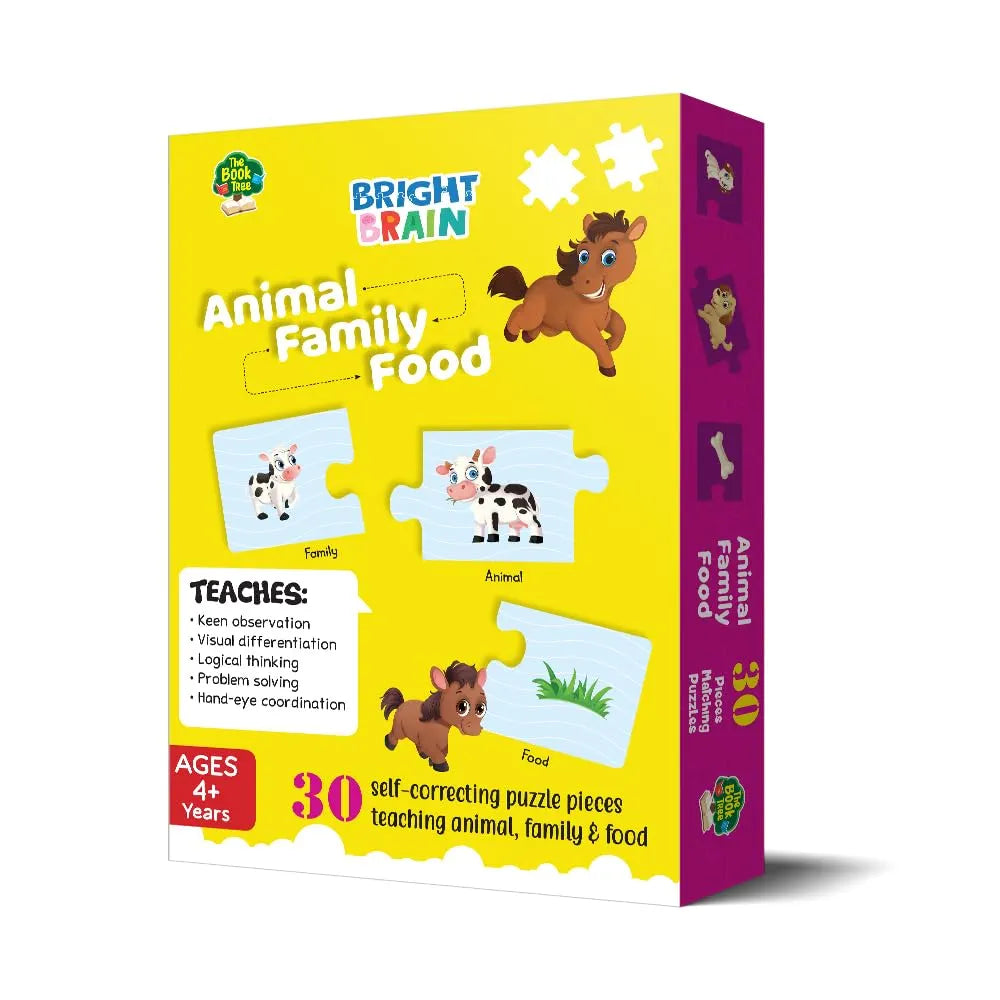 The Book Tree Animal Family and Food Puzzle for Kids | 30 Self-Correcting Pieces | Educational Montessori Game to Learn Animal Names, Their Babies & Food | Preschool Toy for Ages 3+