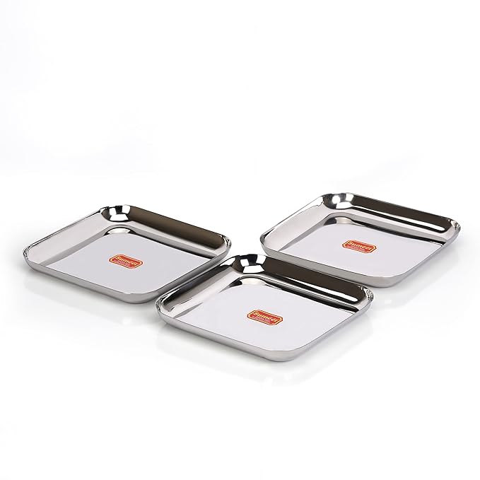 Sumeet Stainless Steel Medium Square Shape Plate Set of 3pcs 20cm Silver