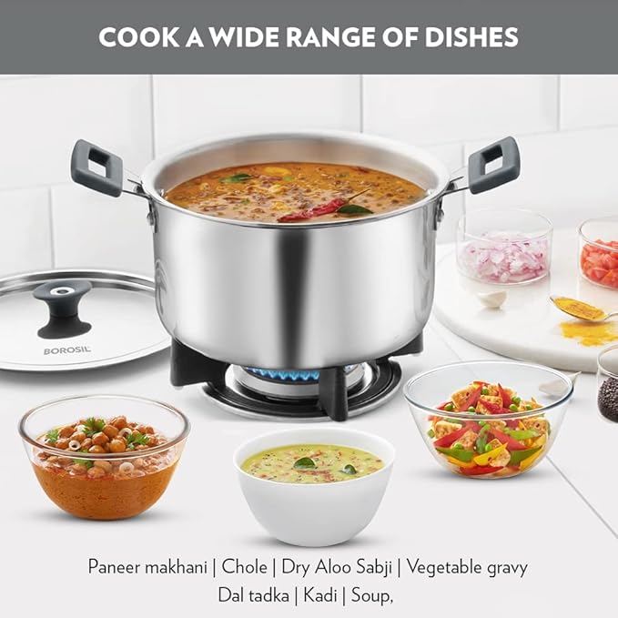 Borosil Cookfresh Tri-ply Stainless Steel Cook & Serve Casserole With Lid | Induction Friendly | 2.2 Litres | 18 Cm