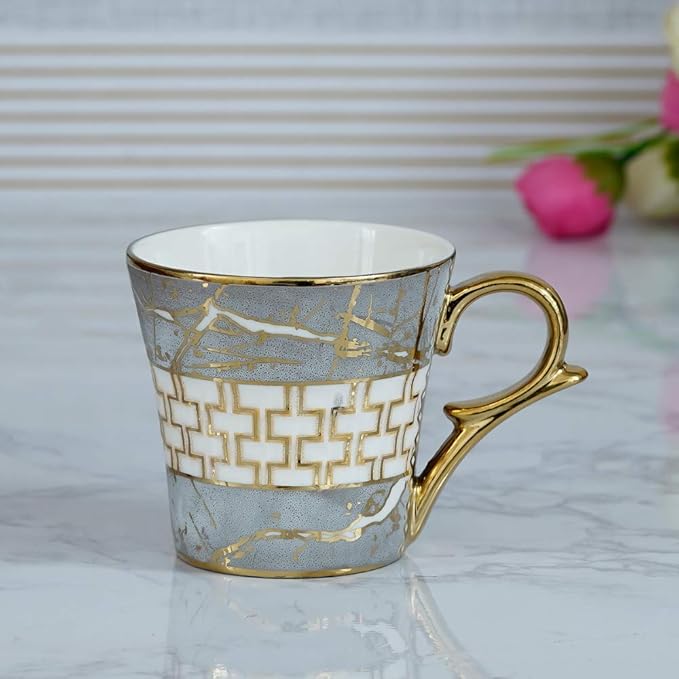 Femora Indian Ceramic Grey Gold Line Tea Cup | 6 Pieces | 155 Ml