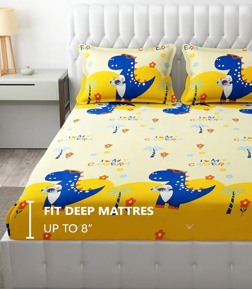 Fresh From Loom Glace Cotton Elastic Fitted Bed Sheet Cartoon Printed Dino 144 Tc Multicolor Cream and Blue Double Bed