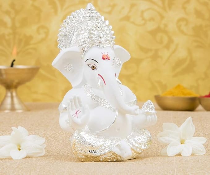 Gold Art India Silver plated White Ganesha for Car Dashboard Home Decor Gifting