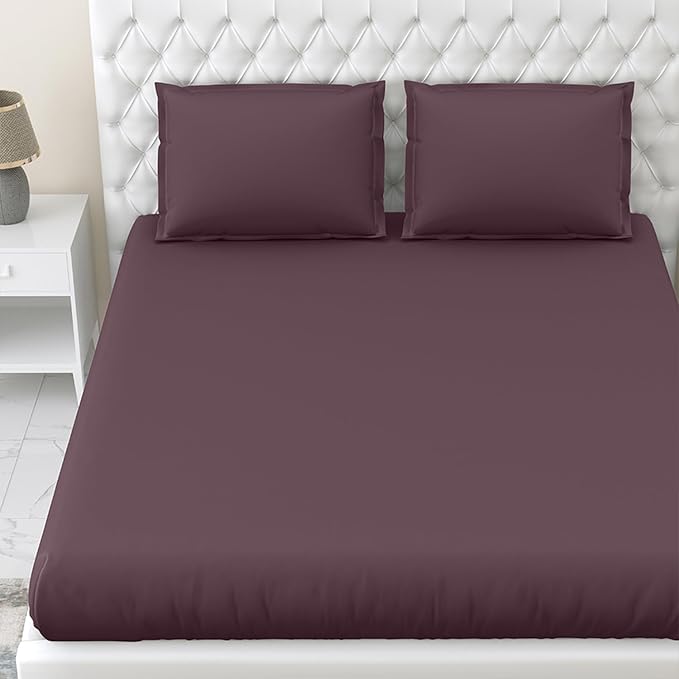 Haus kinder Cotton Elastic Fitted Bedsheet King Size 2 Pillow Covers | Colour Plum