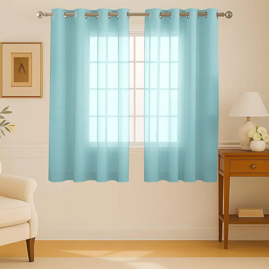 Cloth Fusion Cotton Feel Sheer Window Curtains 5 Feet Long Set of 2 Semi-Transparent Aqua