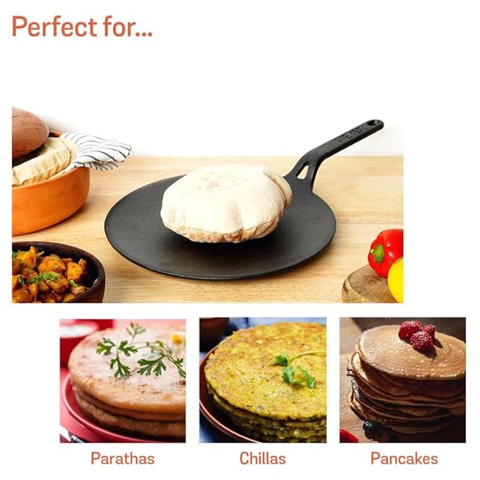 Meyer Pre-Seasoned Cast Iron Roti Tawa Pan with Stick Handle | 24cm Black