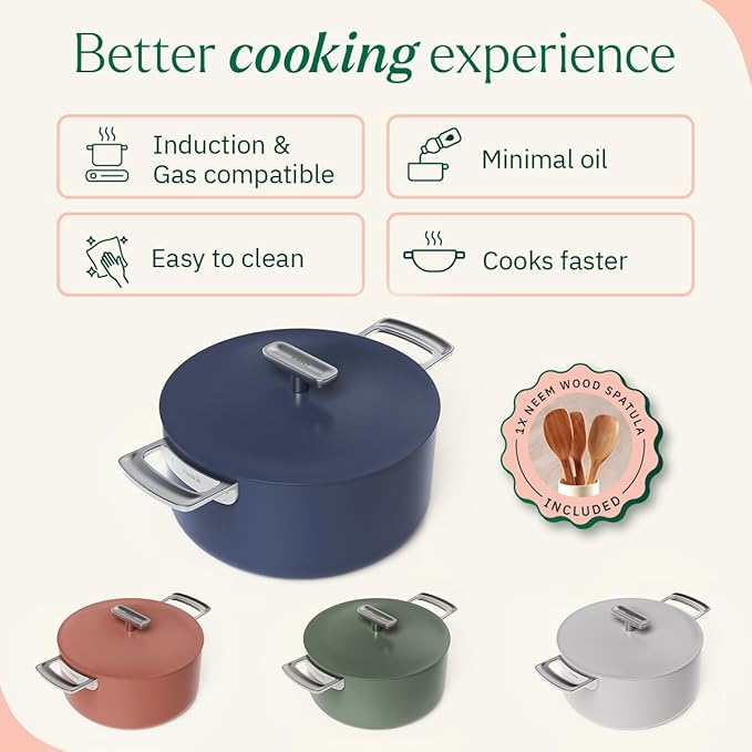 Ember Cookware Arcilla Ceramic Non Stick Dutch Oven 24cm | Metallic Lid | Stainless Steel Handles | Non Toxic Biryani Pot | Blue