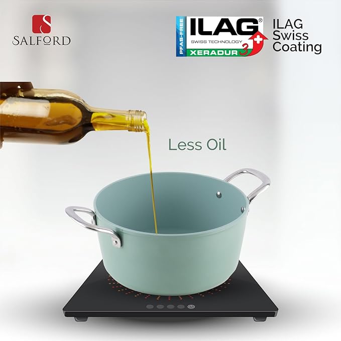 Salford Forged Ceramic Casserole With Glass Lid & Tubular Ss Handle | Induction & Gas Ready | Green | 240mm | 4.4 Litre