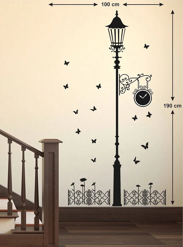 Decals Design Black Antique Street Lamp with Butterflies Wall Sticker