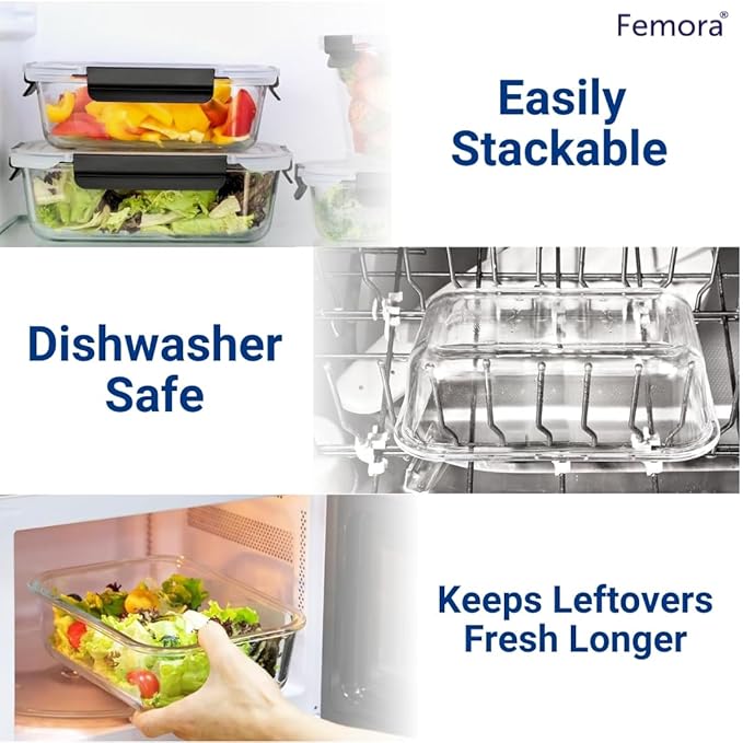 Femora Set of 3 Borosilicate Glass Rectangle Black Container With Dectahable & Break Free Lid, 400 Ml, 620 Ml, 1000ml | Microwave Safe