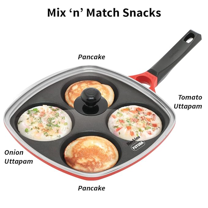 Hawkins 30 cm Die-Cast Multi Snack Pan with Glass Lid Nonstick Mini Uttapam Tawa