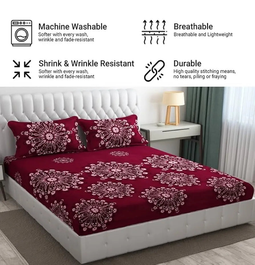 Fresh From Loom Floral King Size Microfiber Bedsheet Set Printed Hypoallergenic Wrinkle Free with 2 Pillow Covers 144 TC Wine