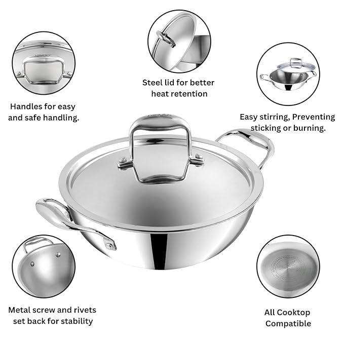Vinod Platinum Triply Stainless Steel Extra Deep Kadai with Lid 3.7 Litre (26 cm Dia) | 2.5mm Thick | Stainless Steel Cookware