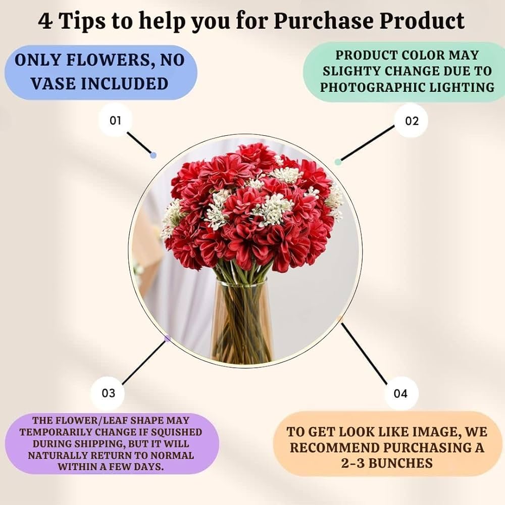 Artificial Dahlia Flower Bunch – 7-Stem Faux Bouquet Realistic Fabric Flower Arrangement Red