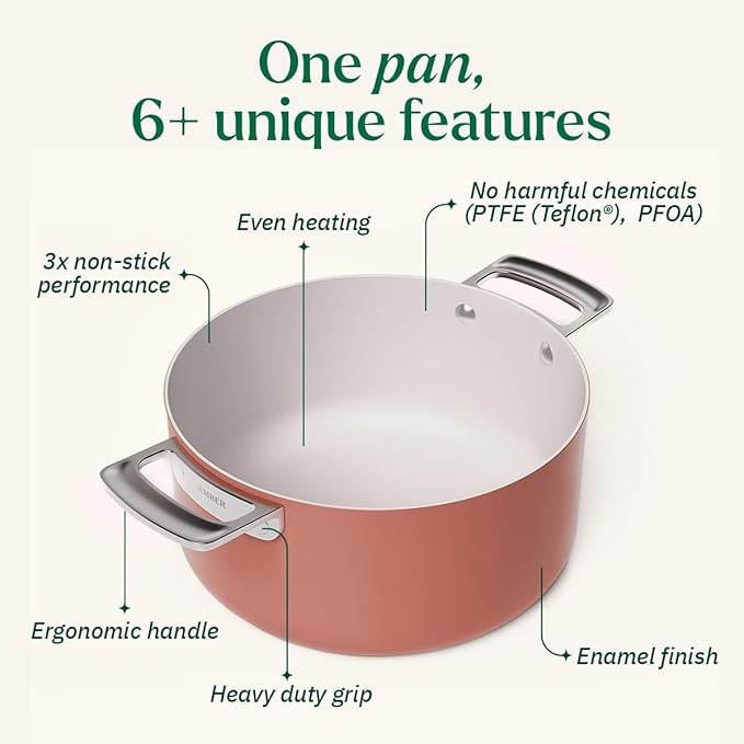 Ember Cookware Arcilla Ceramic Non Stick Dutch Oven 24cm | Metallic Lid | Stainless Steel Handles | Non Toxic Biryani Pot | Terracotta