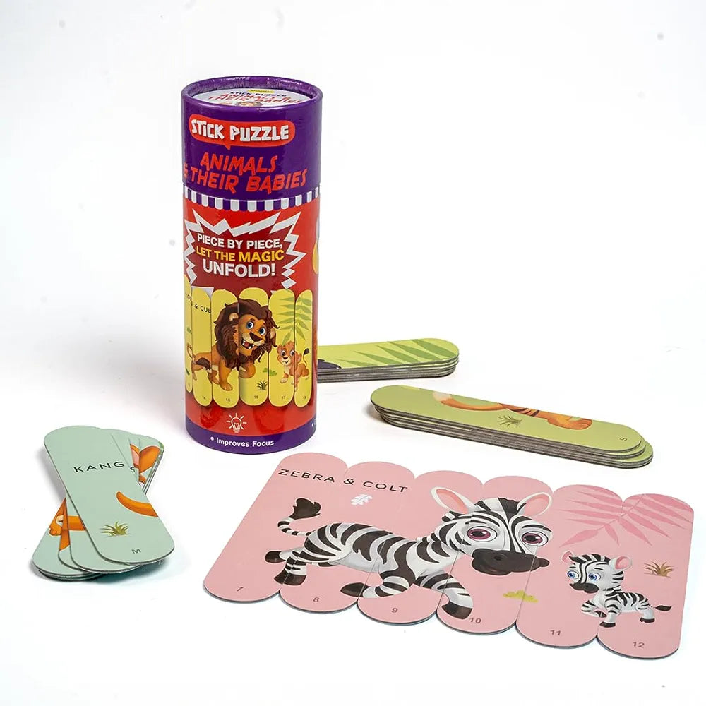 THE BOOK TREE Animals & Their Babies Stick Puzzle | 24pcs Double-Sided Cardboard Puzzles | 8 Animal & Their Puzzles for Learning & Play | Enhances Focus & Creativity | Ideal for Ages 3+