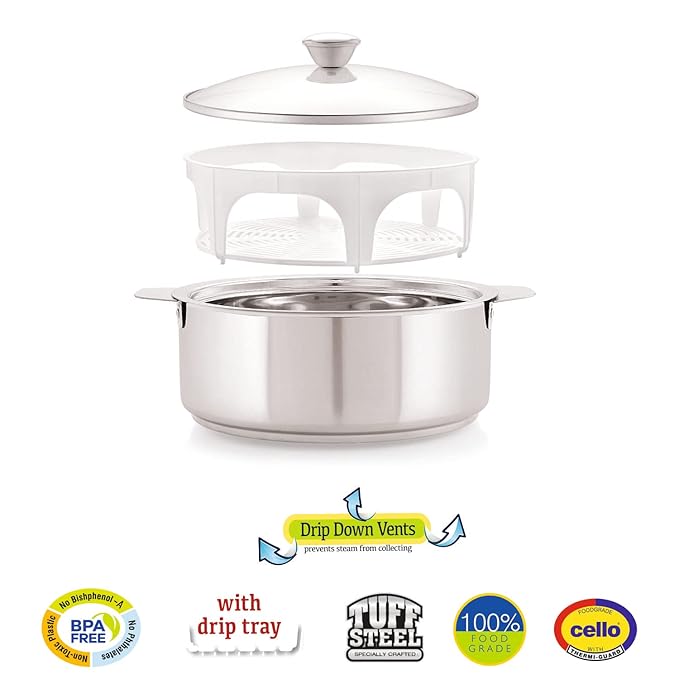 Cello Roti Plus Big Solid Stainless Steel Double Walled Casserole for Roti | 2500ml | Silver | Hot Box