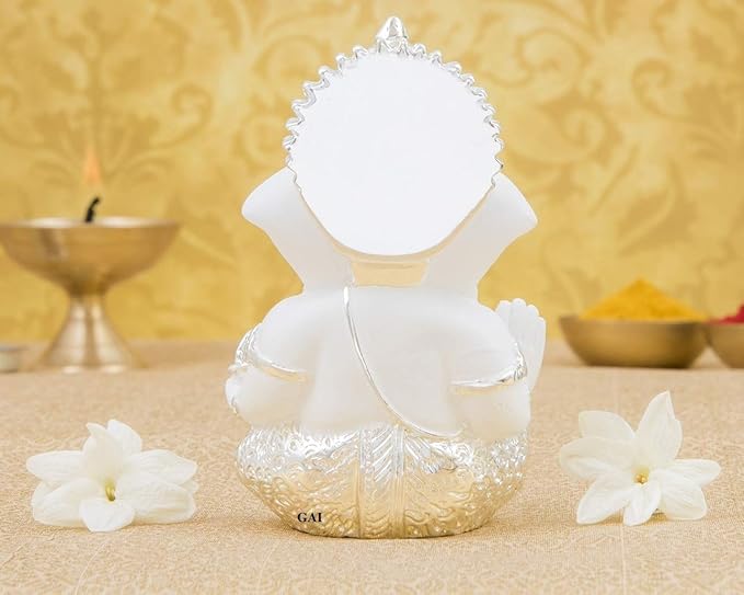Gold Art India Silver plated White Ganesha for Car Dashboard Home Decor Gifting