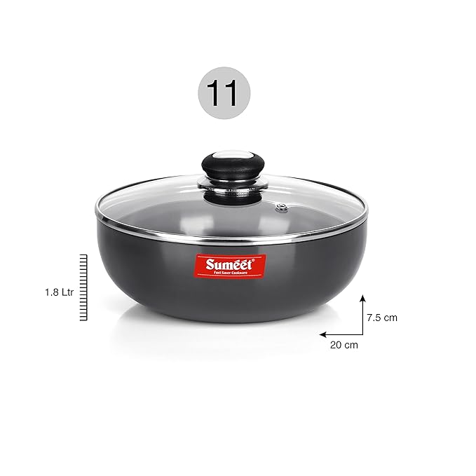 Sumeet 3mm Hard Anodized Deep Tasla with Glass Lid Size - 11 20cm Dia. 1.8 Liter