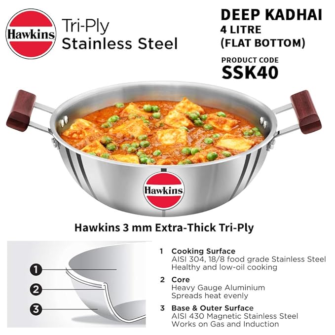 Hawkins 4 Litre Deep Kadhai Triply Stainless Steel Kadai Flat Bottom Induction Kadhai