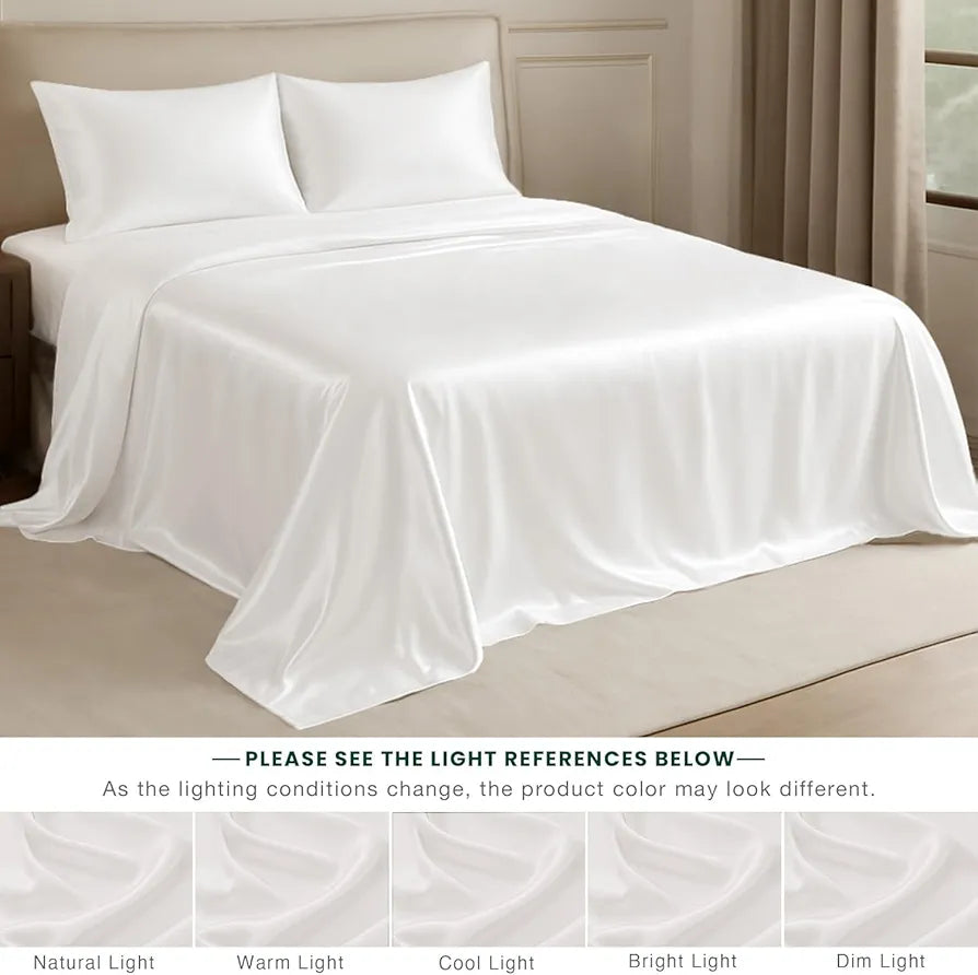 Cloth Fusion Satin Bedsheet for King Size Bed Perfect Set of 1 Satin Sheet 2 Pillow Covers H603 115 TC White