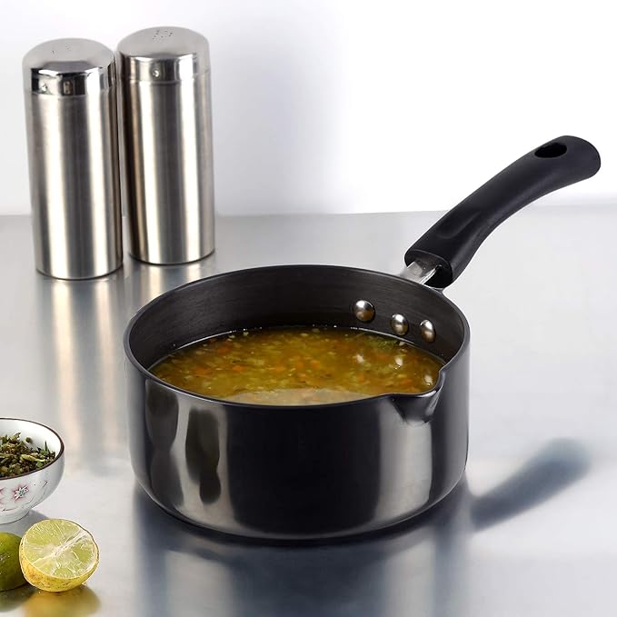Vinod Black Pearl Hard Anodised Saucepan - 1.7 Litre, 16 cm | 3.25 mm Thick | Easy Pour Spout | Bakelite Handle