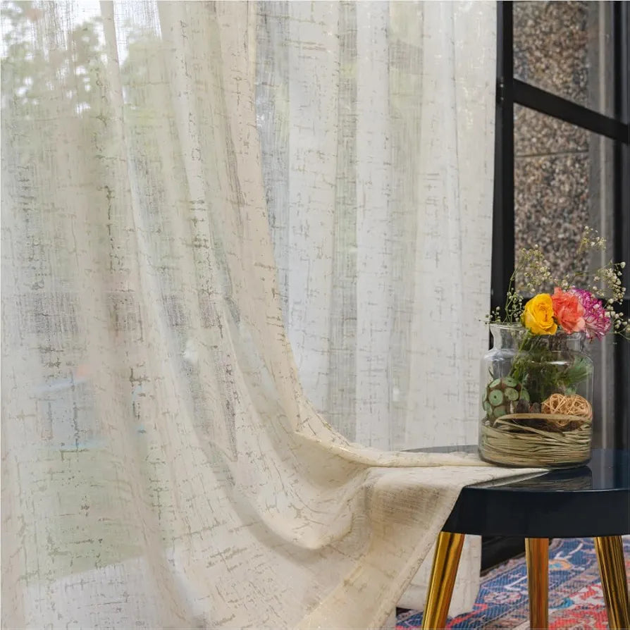 Urban Space Linen Textured Metallic Gold Foil Sheer Curtains for Door Room Darkening, Set of 2 Decorative Curtains with Tieback and Eyelets Sheer Sparkle Butter Cream Colour