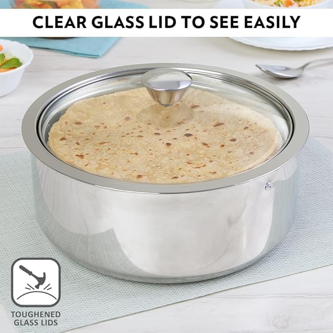 Borosil 2.5 L Stainless Steel Insulated Roti Server | Odur Proof, Food Grade, Toughned Glass Lid, Puf Insulated | Chapati Casserole