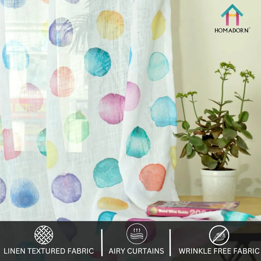 Homadorn Linen Sheer Printed Semi Transparent Curtains for Window Set of 2 Rainbow Circles