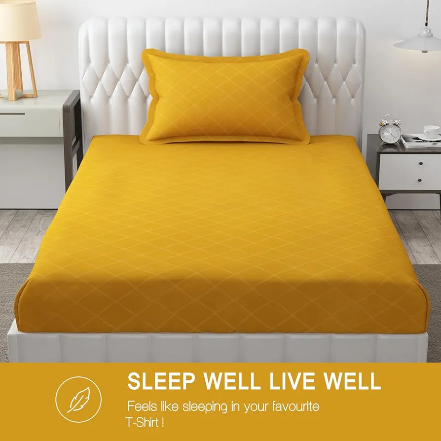 Fresh From Loom Microfiber Bed Sheet Set Single Geometric Bedsheet with 1 Pillow Covers 144 TC Yellow Barfi