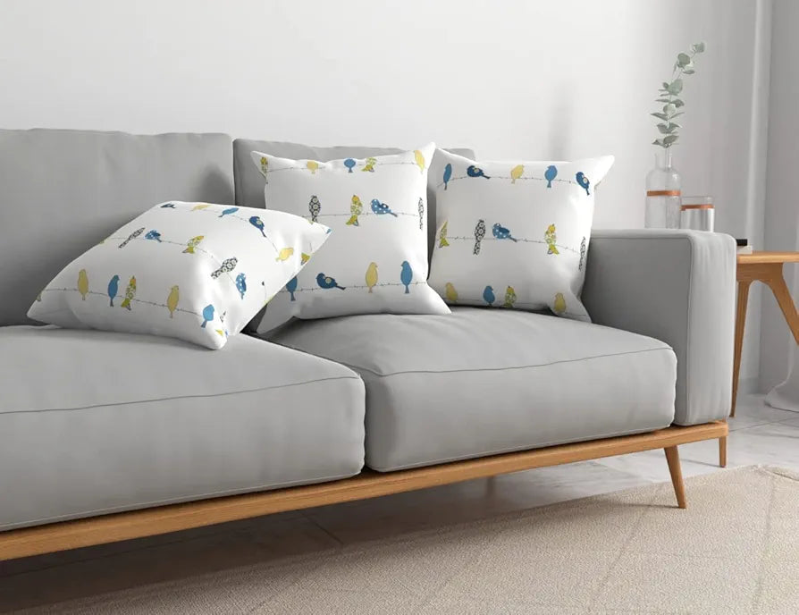 Urban Space Decorative Cotton Cushion Cover Set of 3 Cushion Covers for Sofa, Bedroom, Living Room Humming Bird- Blue