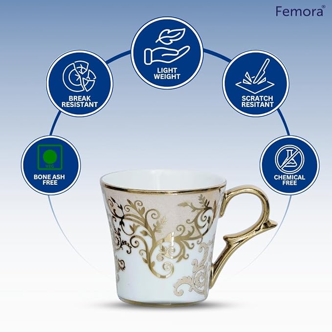 Femora Premium Floral Gold Line Ceramic Coffee & Tea Cup Set of 6 | 160 Ml