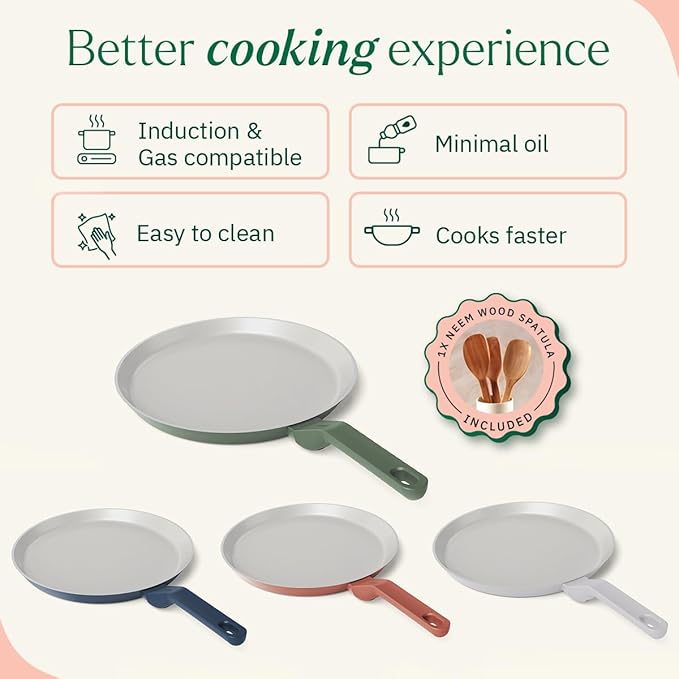 Ember Cookware Arcilla Ceramic Non Stick Dosa Tawa 28cm | Matching Handle | Florence Series | Green