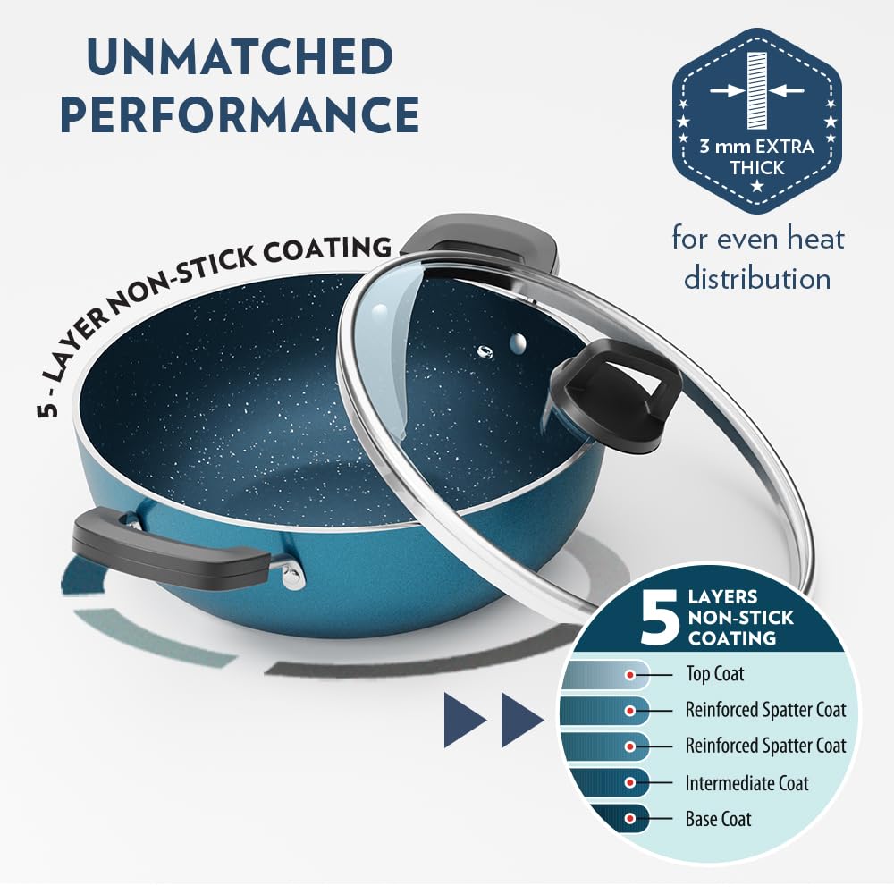 Borosil Prochef Non-stick Aluminum Kadhai With Lid 26 Cm | Gas Stove Compatible | Thick Uniform Body for Even Heating | Dishwasher Safe