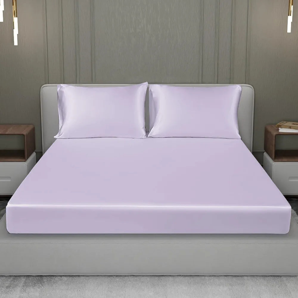 Cloth Fusion Satin Elastic Fitted Bedsheets Double Bed Luxury Queen Size Bed Sheet with 2 Pillow Covers Lilac Colour