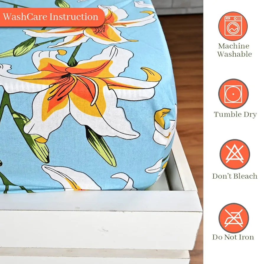 Divine Casa Floret 100% Cotton Double Fitted Bedsheet 144 TC Colour Wildflower Charm