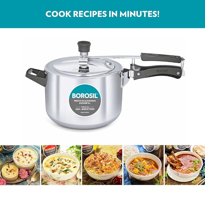 Borosil Presto Induction Base Inner Lid Aluminium Pressure Cooker | Silver| 5 Litres