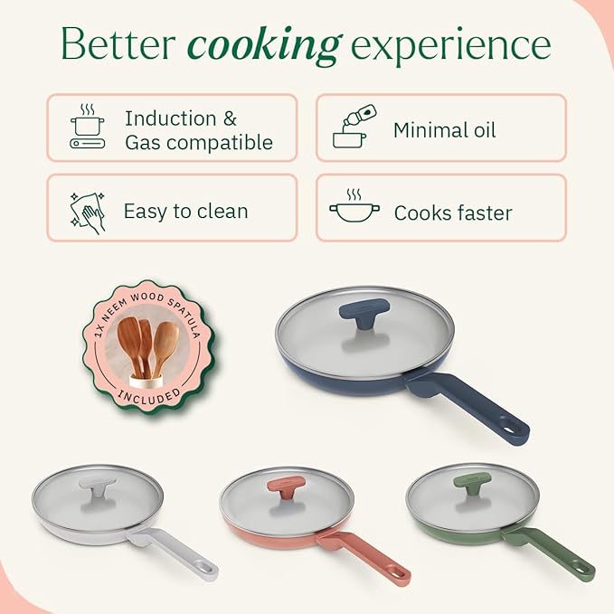 Ember Cookware Arcilla Ceramic Non-stick Egg Pan 20cm | Glass Lid | Matching Handle | Florence Series | Blue