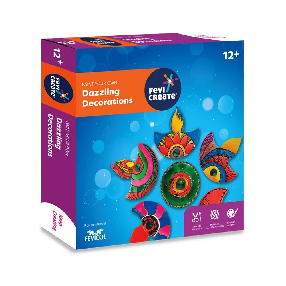 Fevicreate Dazzling Decoration Kit | Paint Your Own Festive Decoration | Contains Diya Cut-Outs, Tea-Light Holders, Decorative Stones & More | by Fevicol | Decorative Items for Festive and Gifting