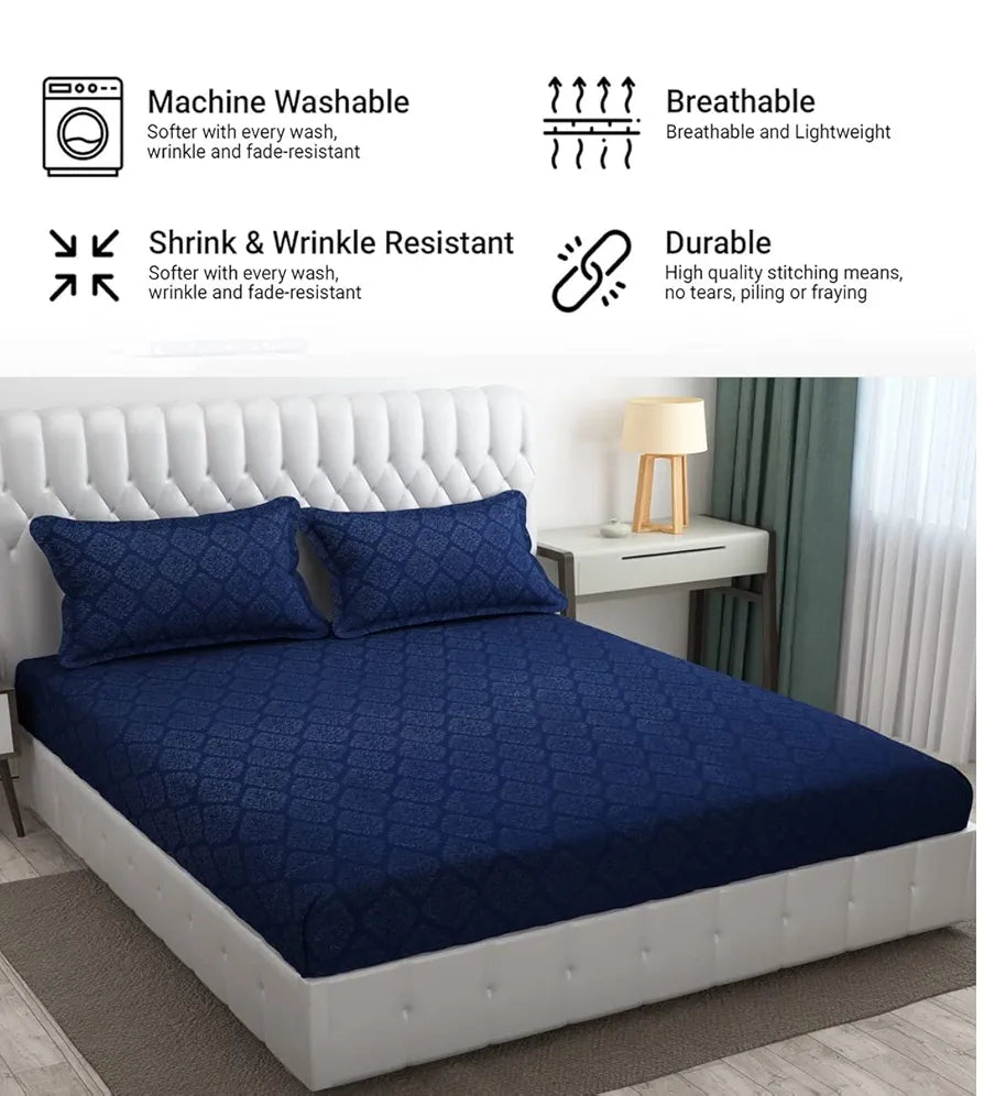 Fresh From Loom Printed Double Bedsheet King Size Microfiber Wrinkle Free With 2 Pillow Covers 144 TC Navy-Blue Damas