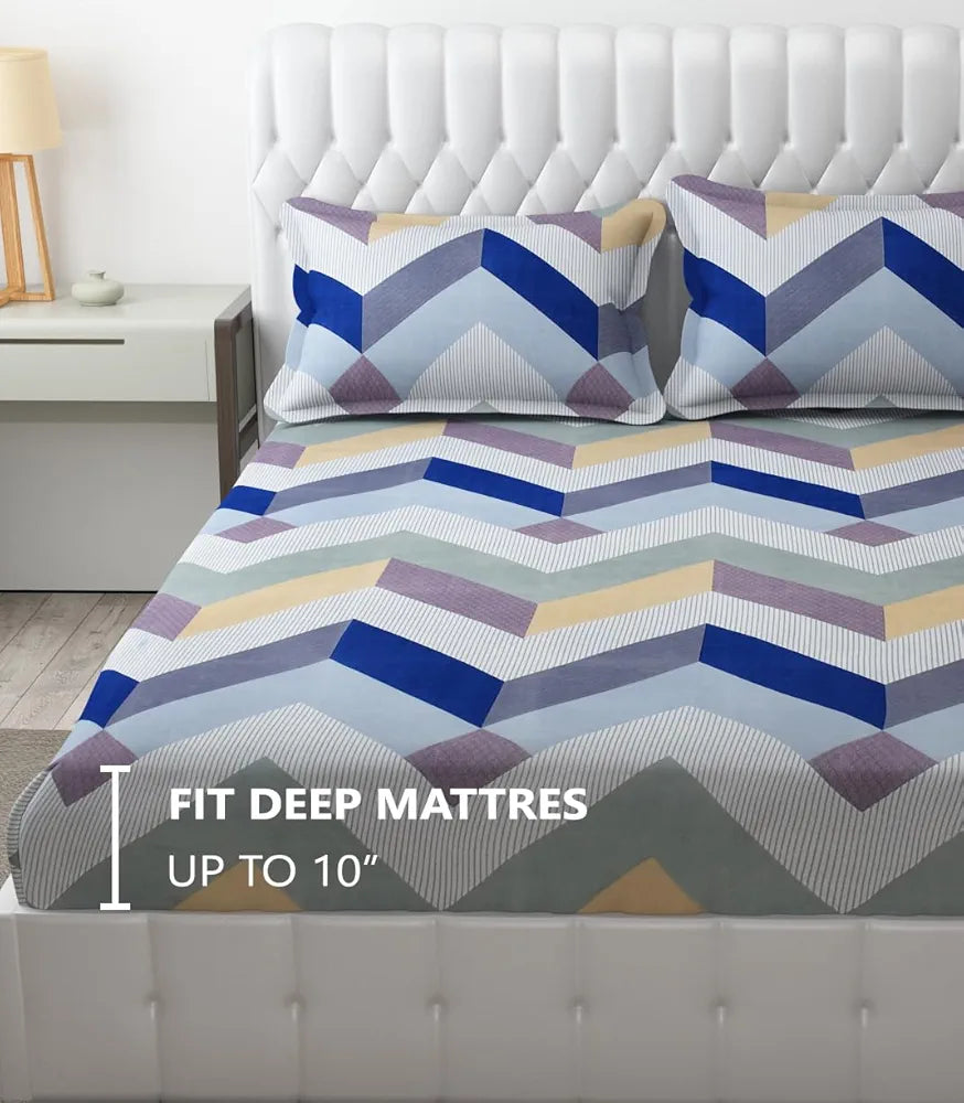 Fresh From Loom Soft Microfiber Fitted Floral Bedsheet King Size Bed With Two Pillow Cover Elastic Fitted 144 Tc Blue Grey