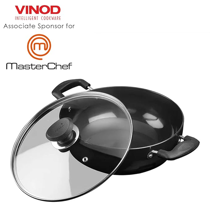 Vinod Black Pearl Hard Anodised Non Stick Deep Kadhai with Glass Lid - 3.1 LTR, 24 cm | 3.25mm Thickness | kadai for Cooking
