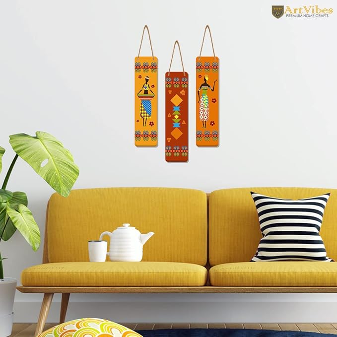 Artvibes African Warli Art Designer Wooden Wall Hanging Decoration Items for Home | Set of 3