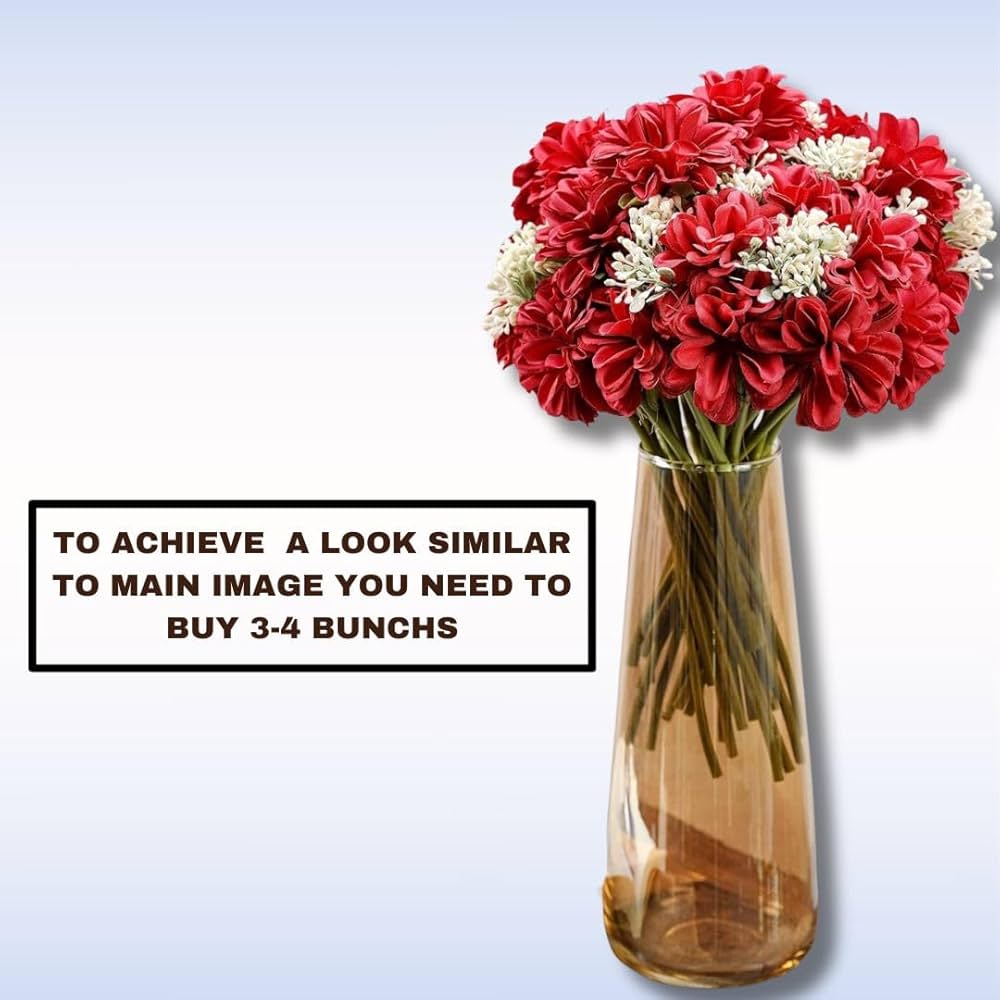 Artificial Dahlia Flower Bunch – 7-Stem Faux Bouquet Realistic Fabric Flower Arrangement Red