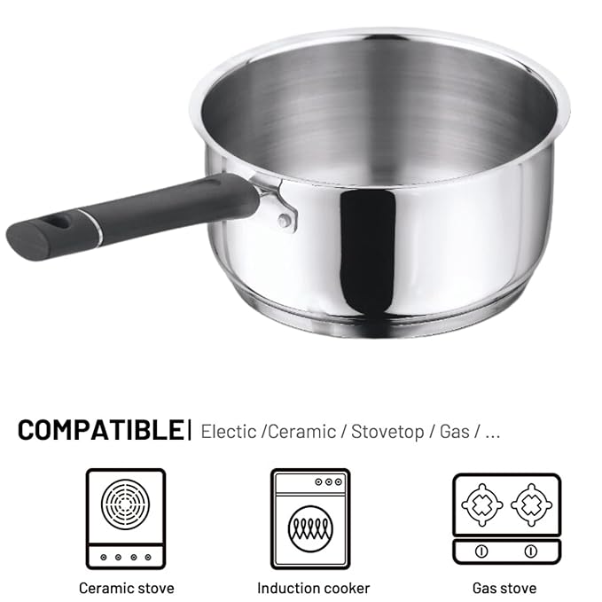 Vinod Tivoli Heavy Guage Stainless Steel Saucepan - 2.3 Litre (18cm) | SAS Bottom | 2 Layer Extra Thick Aluminum Core