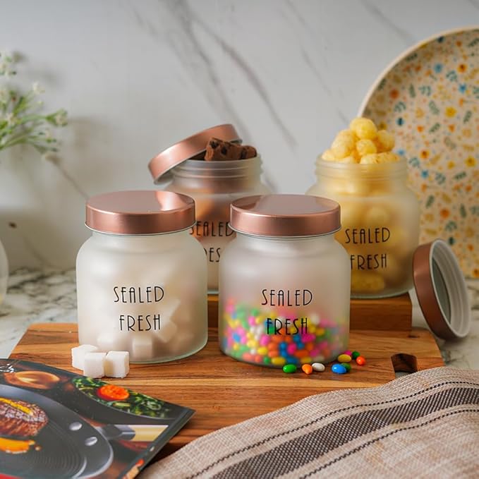 Femora Kitchen Storage Jars Frosted Glass Jar With Steel Lid Air Tight Jar | 700 Ml | Pack of 6 | Golden Lid