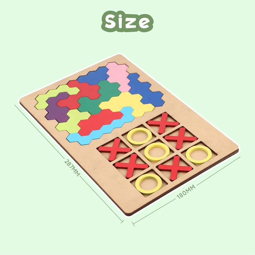 SPARTAN KIDS® 3D Wooden Hexagon Puzzle & Classic Tic Tac Toe Game - Montessori Educational Toy for Kids, Creative Shape Pattern Block, Two-in-One Early Learning Toy